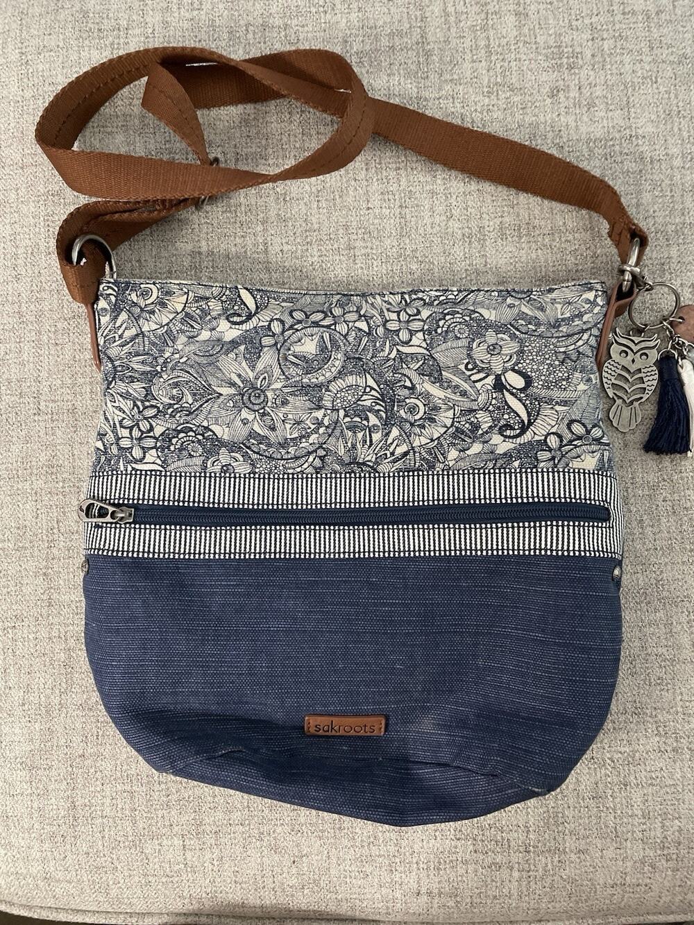 Sakroots Navy Blue & Cream Floral Print Crossbody Bag W/Owl Tassel Charms